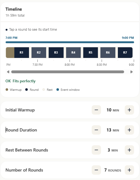 Timeline editor — rounds, warm-up, and rest sized to fit the court window